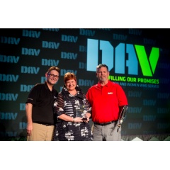 Jan Jones accepting the Outstanding Midsize Employer of the Year award at DAVs national convention in New Orleans. The award was presented by the DAV National Employment Director Jeff Hall (left) and DAV National Commander Dave Riley (right)
