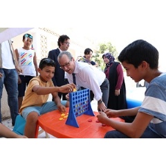 UNICEF Regional Director Geert Cappelaere meets children at a UNICEF-supported Child Friendly Space in the Municipality of Janzour in Tripoli, Libya.