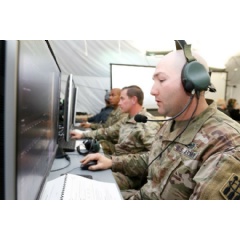 Service members using the Integrated Battle Command System (IBCS) at Redstone Arsenal, Huntsville, Alabama. (Photo Credit: U.S. Army)