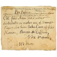 THE DAWN OF THE AMERICAN REVOLUTION
STAMP ACT CRISIS [THE SONS OF LIBERTY  LAMB, John (?) (1735 ‐
1800).]
Autograph document signed (Vox Populi), [New York, 23‐24
October 1765].
(see complete caption below)