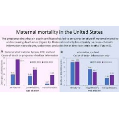 Caption: Maternal mortality in the United States. The pregnancy checkbox on death certificates has led to an overestimation of maternal mortality and increasing death rates (Figure A). (see complete captio below)