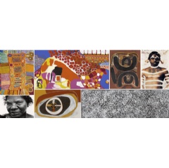 (clockwise from left): Patju Presley, Apanyin (2004); Birmuyingathi Maali Netta Loogatha, Mirdidingkingathi Juwarnda Gabori, Warthadangathi Bijarrba Ethel Thomas, Thunduyingathi Bijarrb May Moodoonuthi, (see complete caption below)