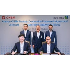 At the signing ceremony, sitting front row, from left, CNBM General Manager Assistant Zhi Xiao and Aramco Senior Vice President of Engineering Services Khalid Al Qahtani. Standing, from left, (see complete caption below)