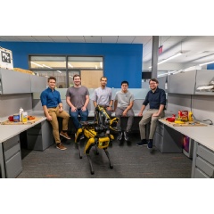 Caption:From left to right: team members Lukas Schmid, Nathan Hughes, Dominic Maggio, Yun Chang, and Luca Carlone.
Credits:Credit: Andy Ryan