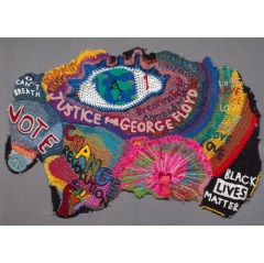 Credit: Crocheted Protest Sign Displayed at Lafayette Square, Washington, DC, London Kaye, 2020. Fiber and synthetic fiber. Anacostia Community Museum, Smithsonian Institution.
