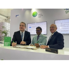 (left to right) Yannick Glemarec, GCF Executive Director; Avinash Persaud, Special Envoy to the Prime Minister on Climate Finance; and Craig Cogut, Pegasus CEO at the PPF signing for the Blue-Green Investment Corporation