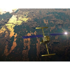 This illustration shows the Surface Water and Ocean Topography (SWOT) satellite in orbit with sunlight glinting off one array of solar panels, as well as both KaRIn instrument antennas deployed. Credit: CNES