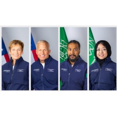 Crew members for the second private astronaut mission to the International Space Station, Axiom Mission 2 (Ax-2), L to R: Commander Peggy Whitson, Pilot John Shoffner, and Mission Specialists Ali Alqarni and Rayyanah Barnawi.
Credits: Axiom Space