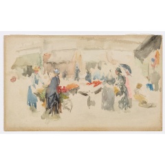

Flower Market: Dieppe, James McNeill Whistler, 1880s, Watercolor on paper, H x W: 12.8 x 21 cm (5 1/16 x 8 1/4 in), Credit: James McNeill Whistler/Freer Gallery of Art, Smithsonian Institution, Washington, D.C.: Gift of Charles Lang Freer