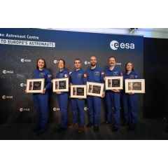 ESAs astronaut class of 2022 including Sophie Adenot, Rosemary Coogan, Pablo lvarez Fernndez, Raphal Ligeois, Marco Sieber, and Australian Space Agencys Katherine Bennell-Pegg during their graduation ceremony.
CREDIT
ESA - P. Sebirot