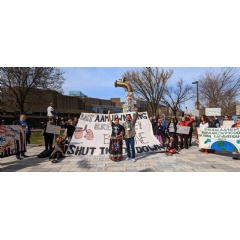 Rally in support of environmental justice for Aamjiwnaang First Nation hosted at INC4, the UN global plastics treaty negotiations.