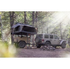 The Jeep-branded Edition by ADDAX Overland Trailer is rugged, lightweight and compact enough to follow a Jeep Trail-Rated vehicle over the most demanding terrain (see complete caption below)