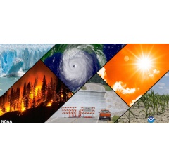 A collage of typical climate and weather-related events: floods, heatwaves, drought, hurricanes, wildfires and loss of glacial ice. (Image credit: NOAA)