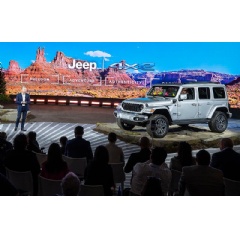 Christian Meunier, Jeep brand CEO, introducing the new 2024 Jeep Wrangler at the 2023 New York Auto Show.