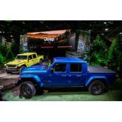 The new 2024 Jeep Gladiator Mojave X, introduced at the 2023 Detroit Auto Show, features a standard FOX suspension with one-inch lift and 12-way power adjustable Nappa leather front seats (L). T(see complete caption below)