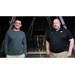 Nicholas Bitner from Candeska Cikana Community College,left,and Jesse Rhoades from the University of North Dakota (UND),right,are pictured in UNDs BiPed lab,where their students test and capture motion data for the Mapi Hapa.Walter Criswell,UND Toda