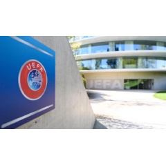 NYON, SWITZERLAND - FEBRUARY 04: UEFA La Clairiere (LC) logo at the UEFA headquarters, the House of European Football on February 4, 2020 in Nyon, Switzerland. (Photo by Harold Cunningham - UEFA/UEFA via Getty Images) UEFA via Getty Images