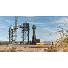 Launch of Blue Origins New Shepard suborbital rocket system on Feb. 4, 2025. During the flight test, the capsule at the top detached from the booster and spun at approximately 11 rpm to simulate lunar gravity for the NASA-supported payloads inside.