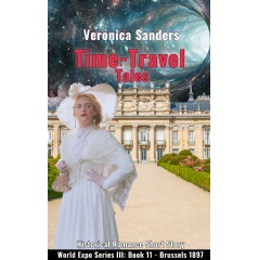 The book cover shows the heroine Marie dressed in a white Victorian lace-fringed dress and a large white hat in the gardens of the Royal Exhibition Building, Brussels.