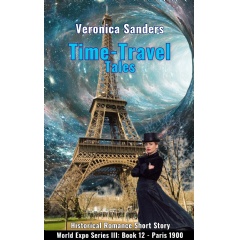 Cover of Book 12 - Paris 1900 depicting heroine Marie in a black Victorian dress and hat, with the Eiffel Tower and Time Tunnel in the background.