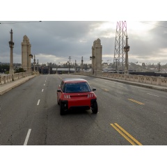 Crossing the LA River, TELO Trucks drives across the 4th Street Bridge in Los Angeles, California.